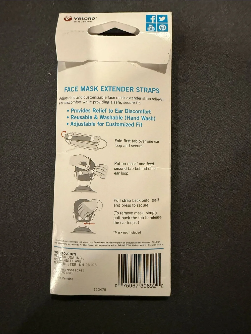 VELCRO Brand Face Mask Extender Straps 4 pk Light Blue, 12